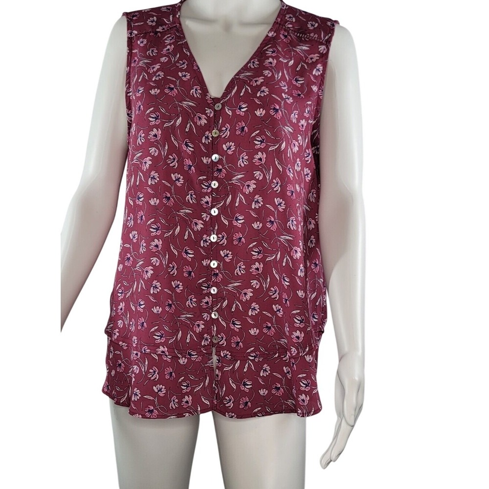 Zac & Rachel Sleeveless V-Neck‎ Button-Front Burgubdy Floral Tank Top